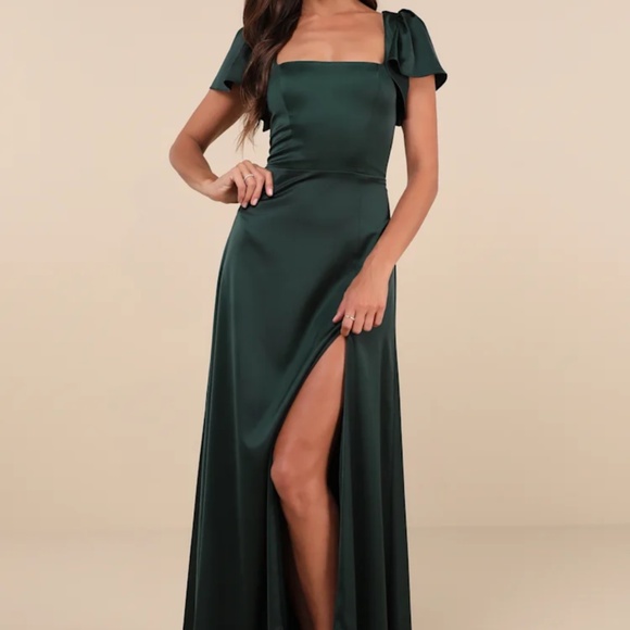 Lulus Dresses & Skirts - Lulus Ultimate Sweetness Emerald Green Satin Flutter Sleeve Maxi Dress